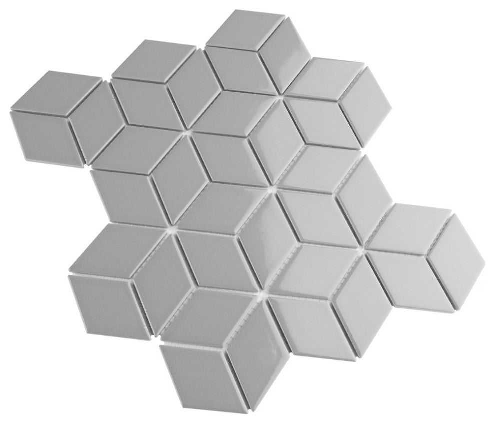 Metro Rhombus Mosaic Floor and Wall Tile, Glossy Light Gray