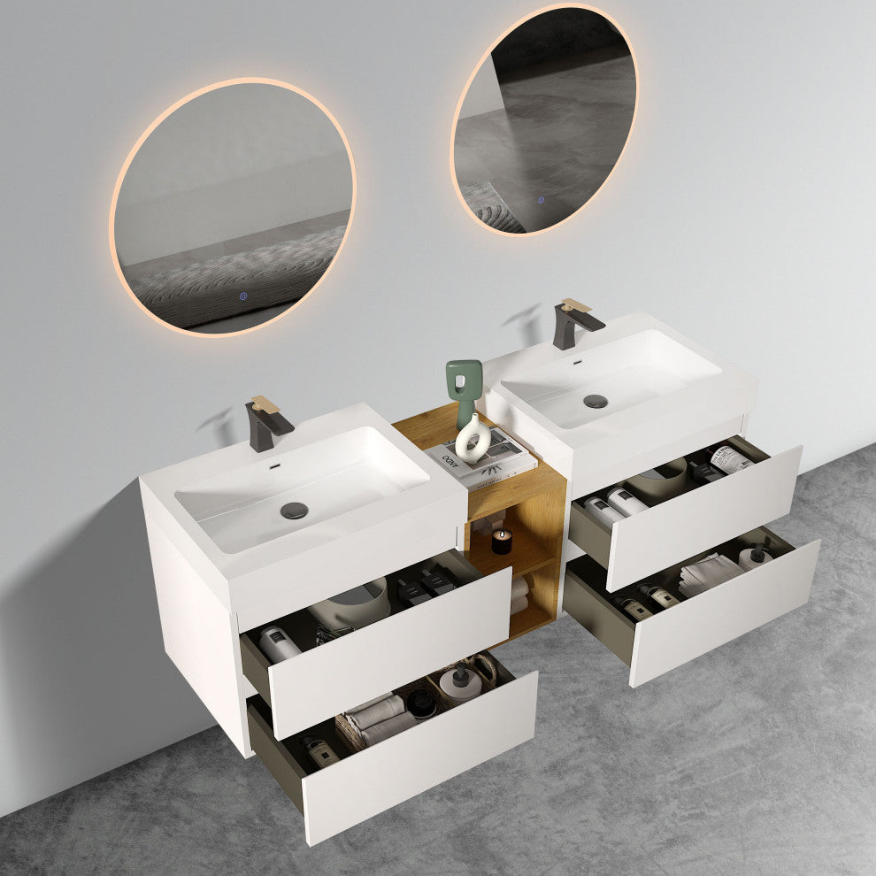 Wall-Mounted Bathroom Vanity with Double Sinks and Open Shelf, White, 72"