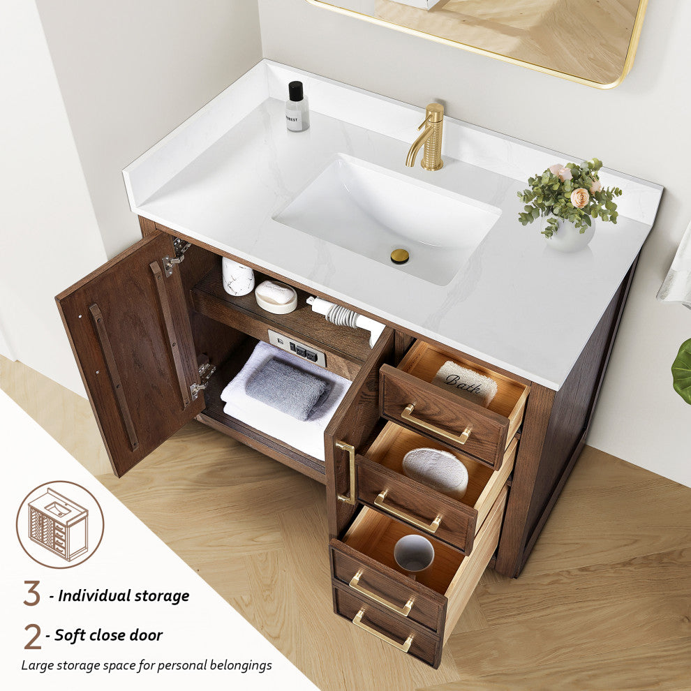 Jakarta Bath Vanity, Quartz Top No Mirror, Dark Brown Oak, 42", Single Vanity