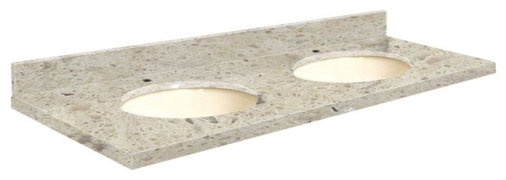 Quartz 61"x22" Double Sink Vanity Top, Single Faucet Hole, Carmel, Biscuit Bowl
