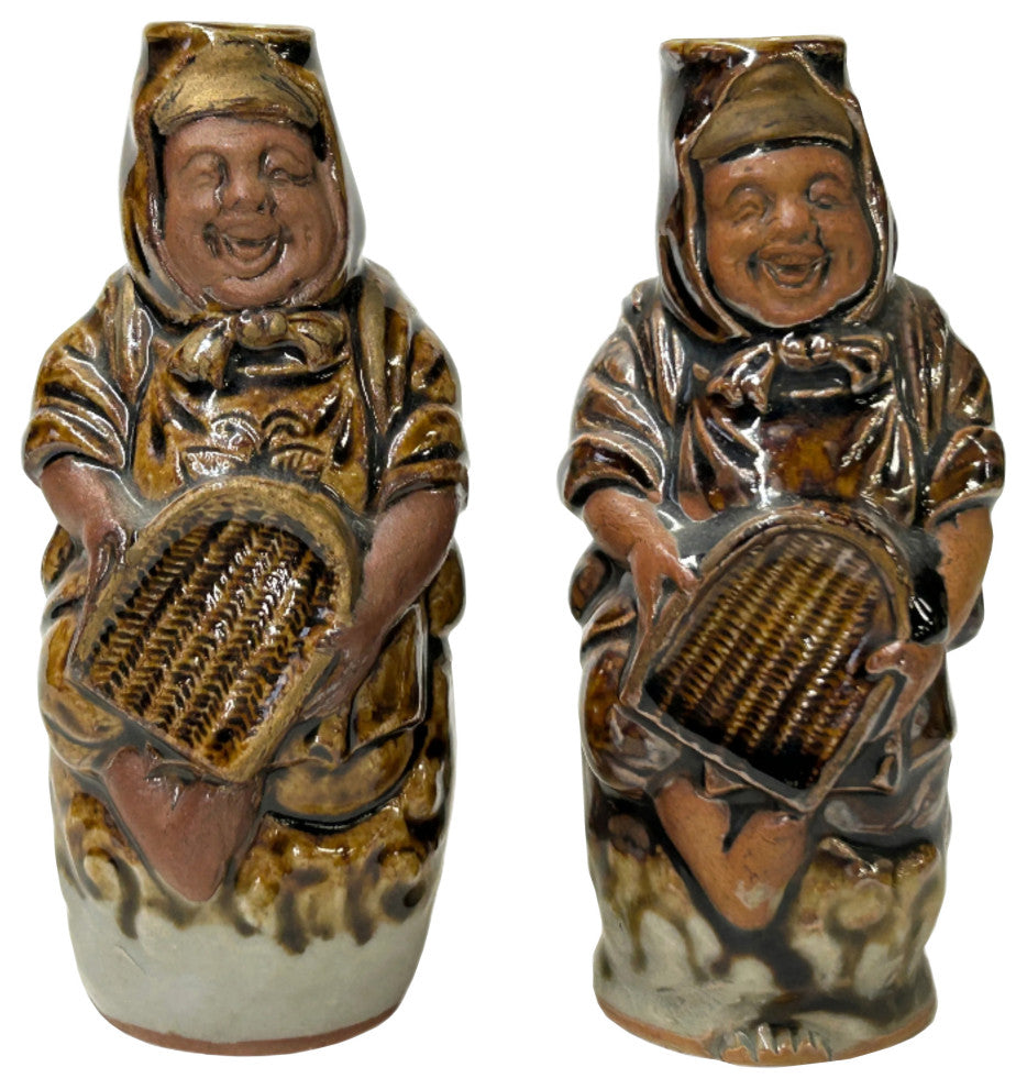 Pair Ceramic Handmade Brown Cheerful Basket Holding Jovial Figure Vases