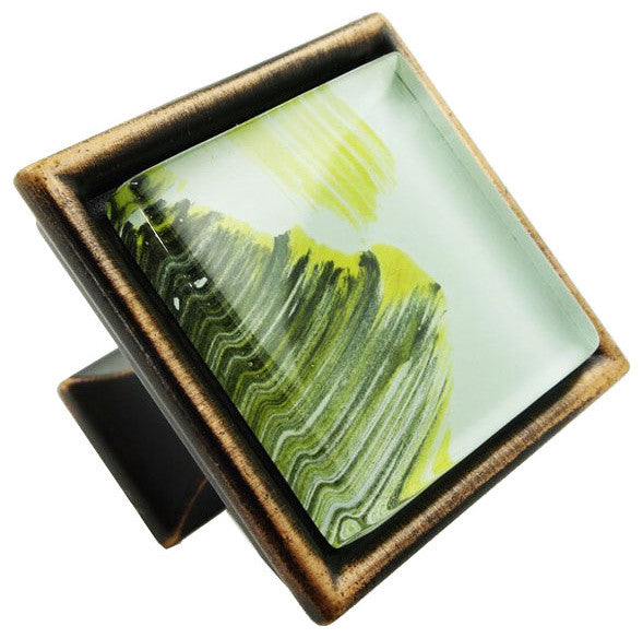 Hand Brushed Abstract Moss Streaks Crystal Glass Oil Rubbed Bronze Classic Knob