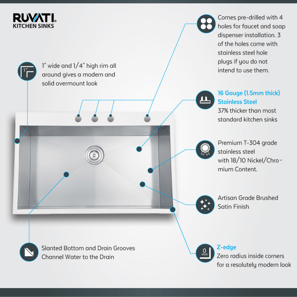 Ruvati RVH8001 Overmount 16 Gauge 33 Inch x 22 Inch Single Bowl Kitchen Sink