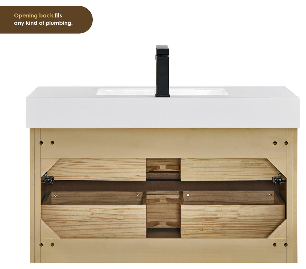 Livia Wall-mounted Bathroom Vanity, Nature Brown, 36inch, No Mirror