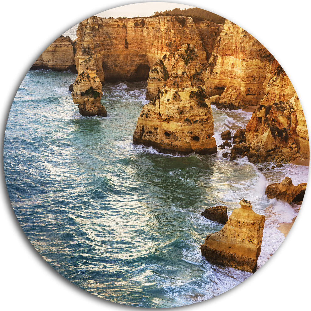 Golden Rocks And Beach At Algarve, Seashore Disc Metal Wall Art, 23"