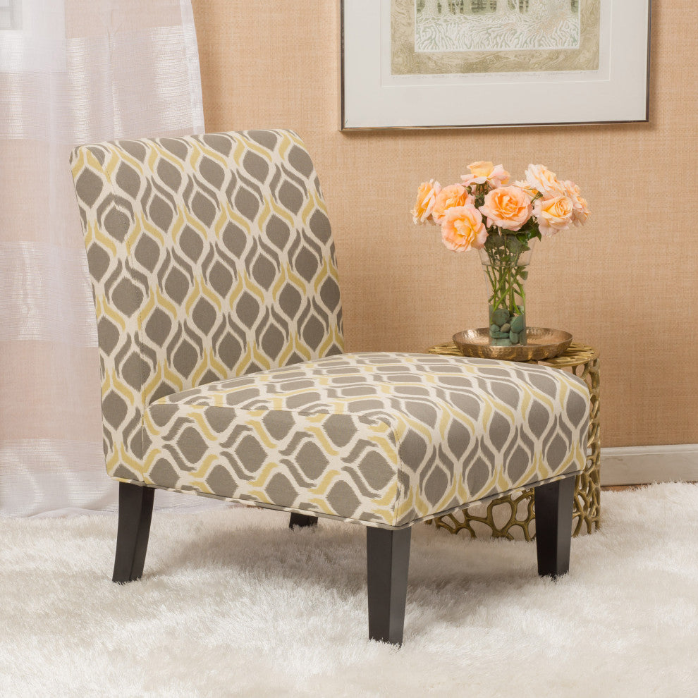 GDF Studio Kalee Contemporary Accent Chair, Yellow and Gray Ikat Pattern/ Matte Black, Fabric