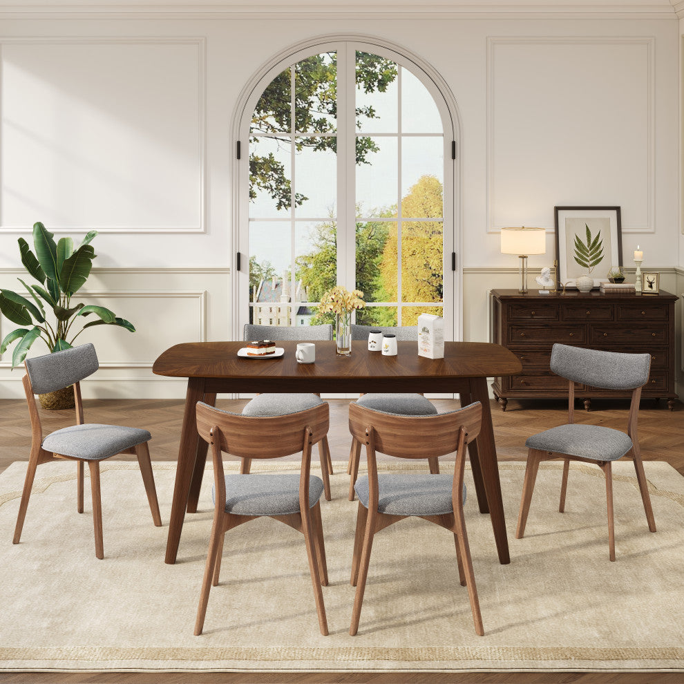 GDF Studio 7-Piece Mid-Century Dining Set, Table & 6 Chairs, Dark Gray/Walnut