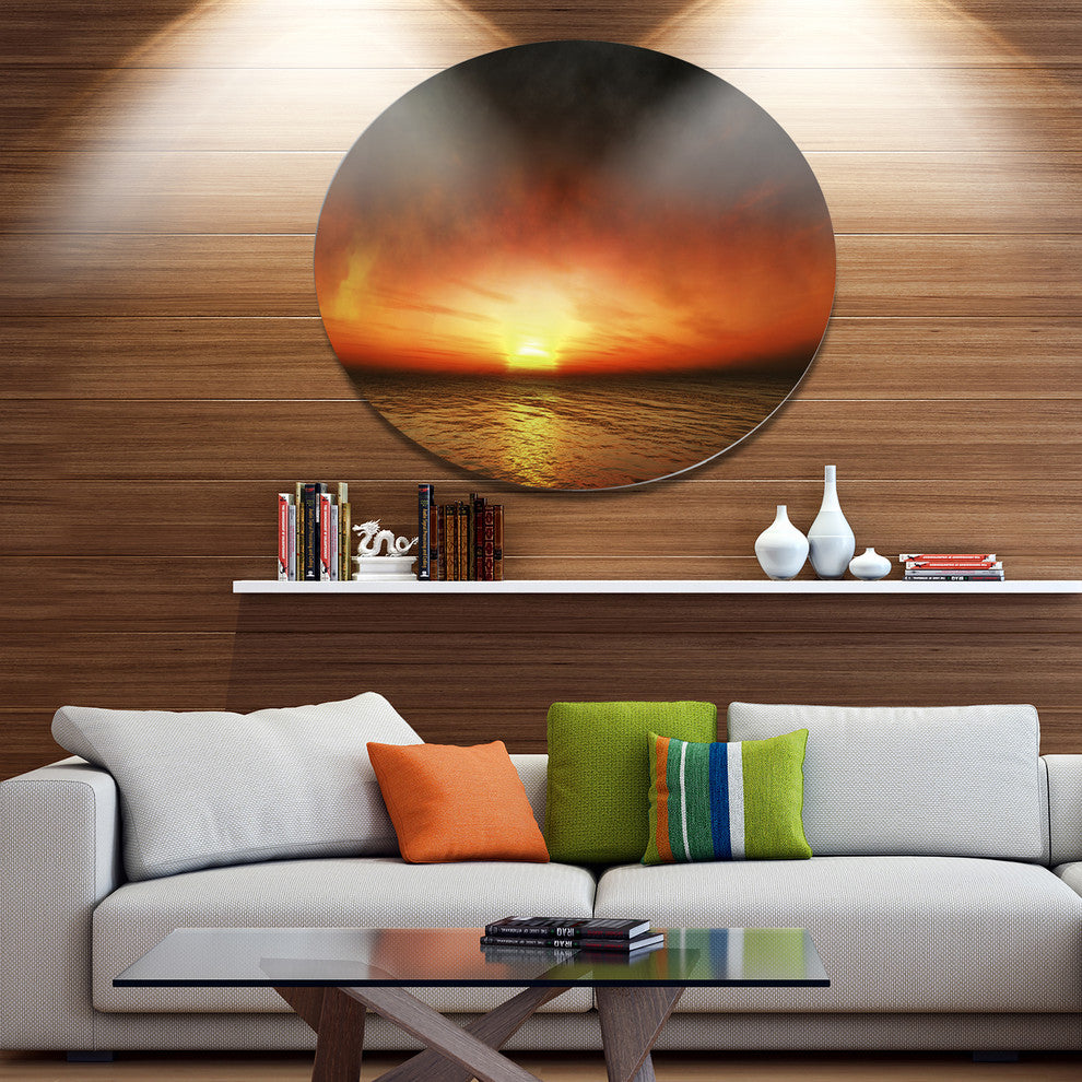 Fiery Sunset Beach Under Cloudy Sky, Seashore Round Wall Art, 11"