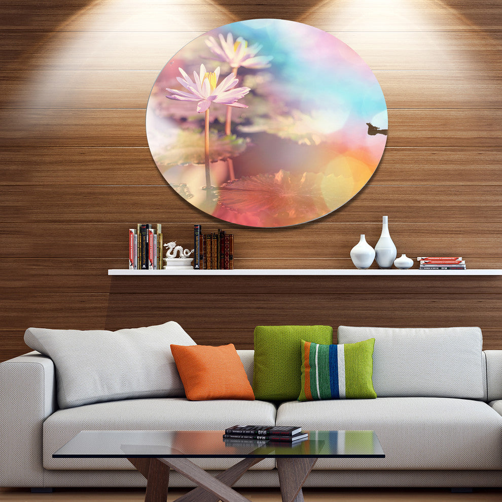 Lotus On Abstract Background, Floral Round Metal Wall Art, 23"