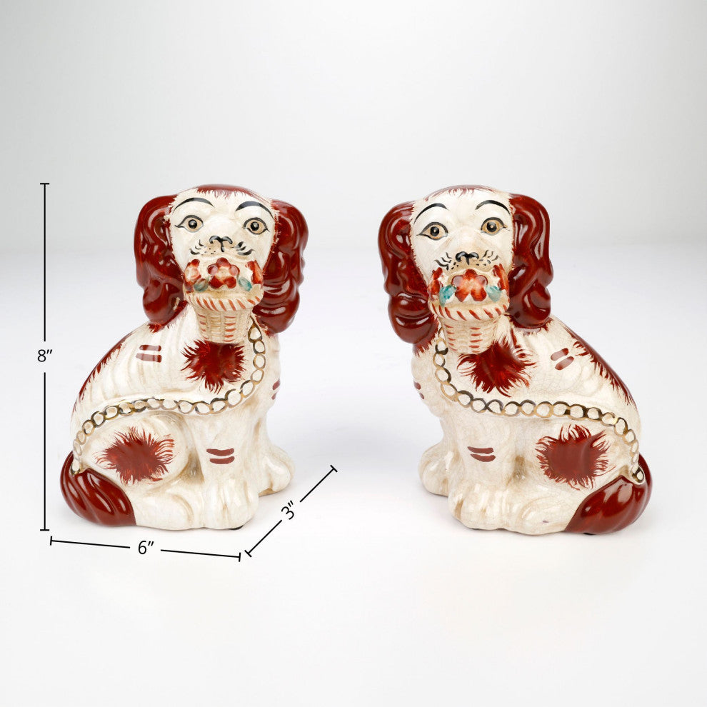 Schaefer Ceramic 8" Staffordshire Dogs With Baskets Pair
