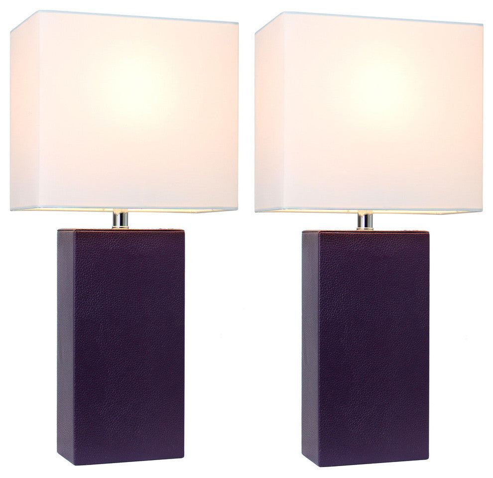 Elegant Designs Set of 2 Modern Leather Table Lamps White Fabric Shades Eggplant