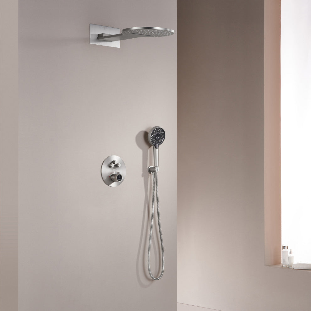 22" Luxury Shower System Set with 3 Way Thermostatic Faucet, Brushed Nickel