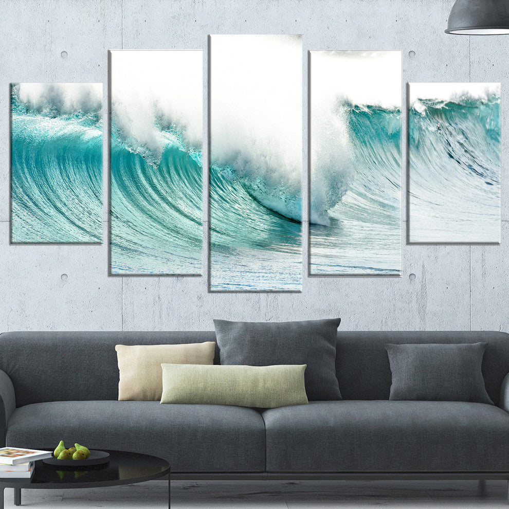 "Massive Blue Waves Breaking Beach" Seascape Wall Art, 5 Panels, 60"x32"