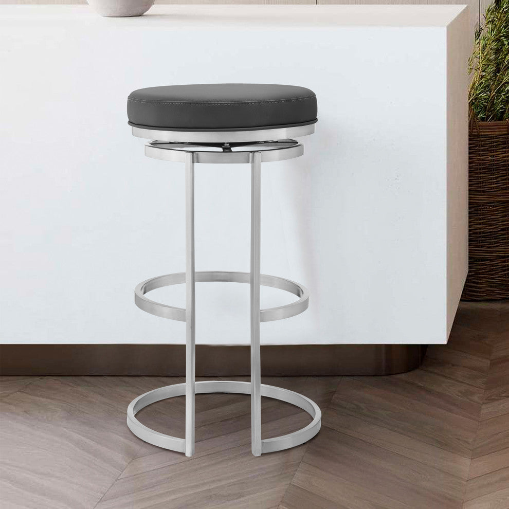 Vander Gray Faux Leather and Brushed Stainless Steel Swivel Bar Stool, 30 Inch