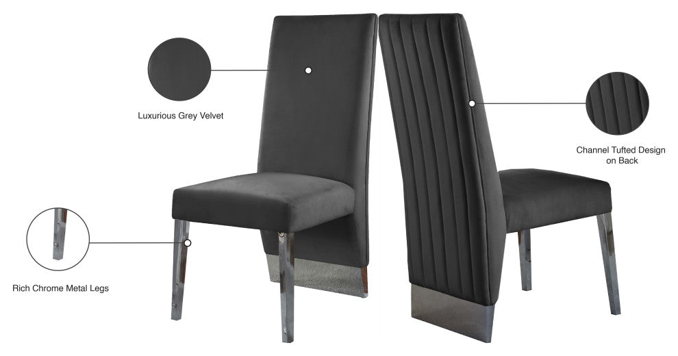 Porsha Dining Chair, Set of 2, Gray Velvet, Chrome Legs