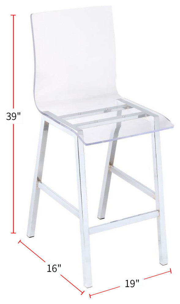 Set of 2 Counter Height Chairs, Clear Acrylic and Chrome