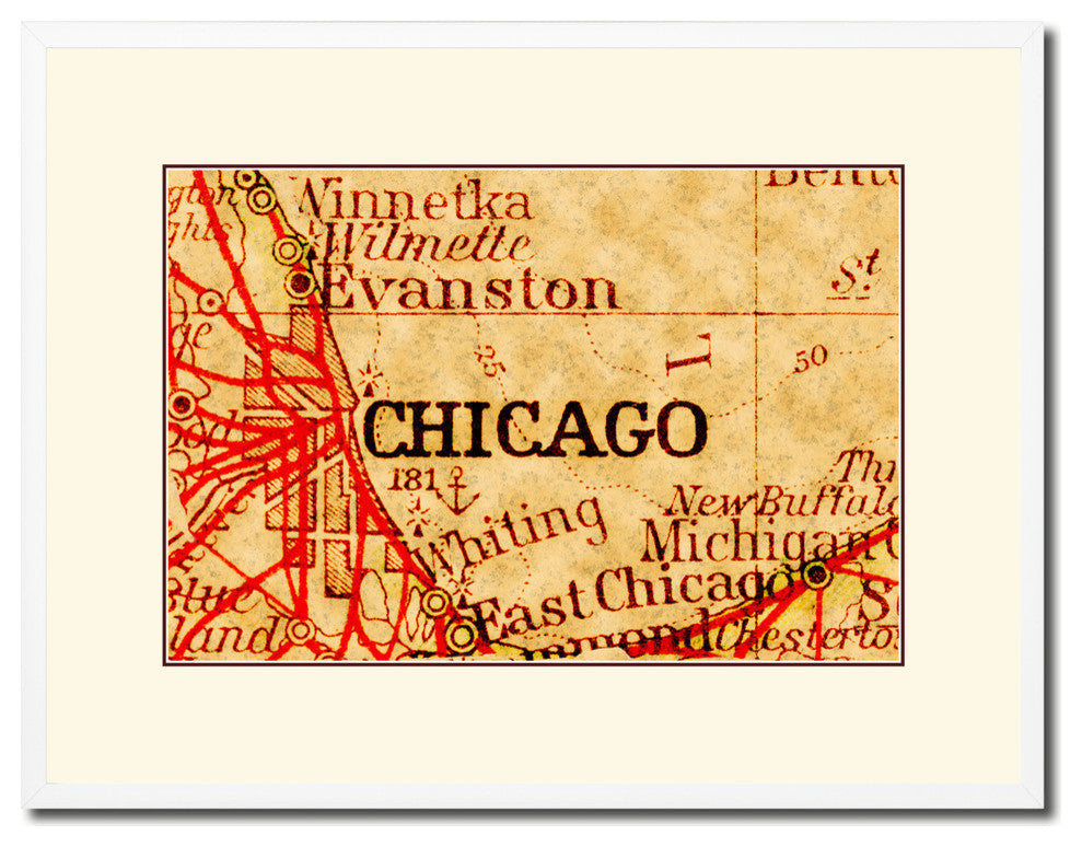 Chicago Illinois Old Map Print On Canvas With Frame Art Collection 16" X 21"
