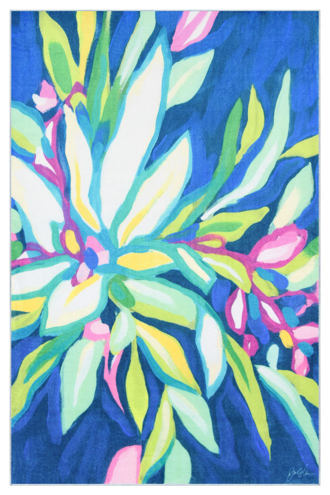 Blue Tropics I Hand Washable Flowers Power-loomed Art Area Rug, 5'x7.5'