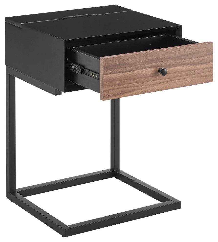 Daeg Smart Side Table, Matte Black With American Walnut Veneer Drawer