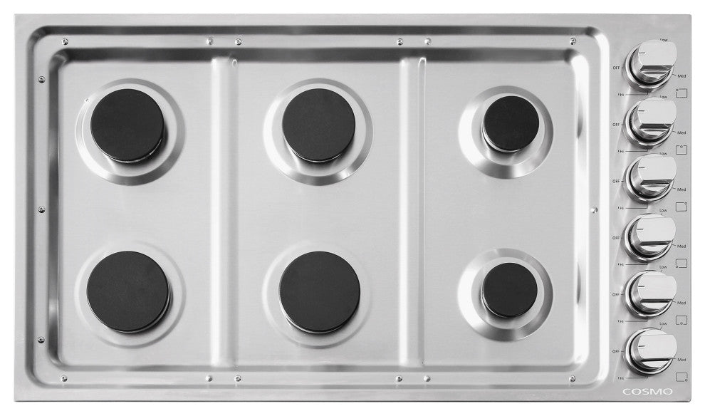 36" Luxury Gas Cooktop in Stainless Steel With 6 Italian Burners Easy Clean