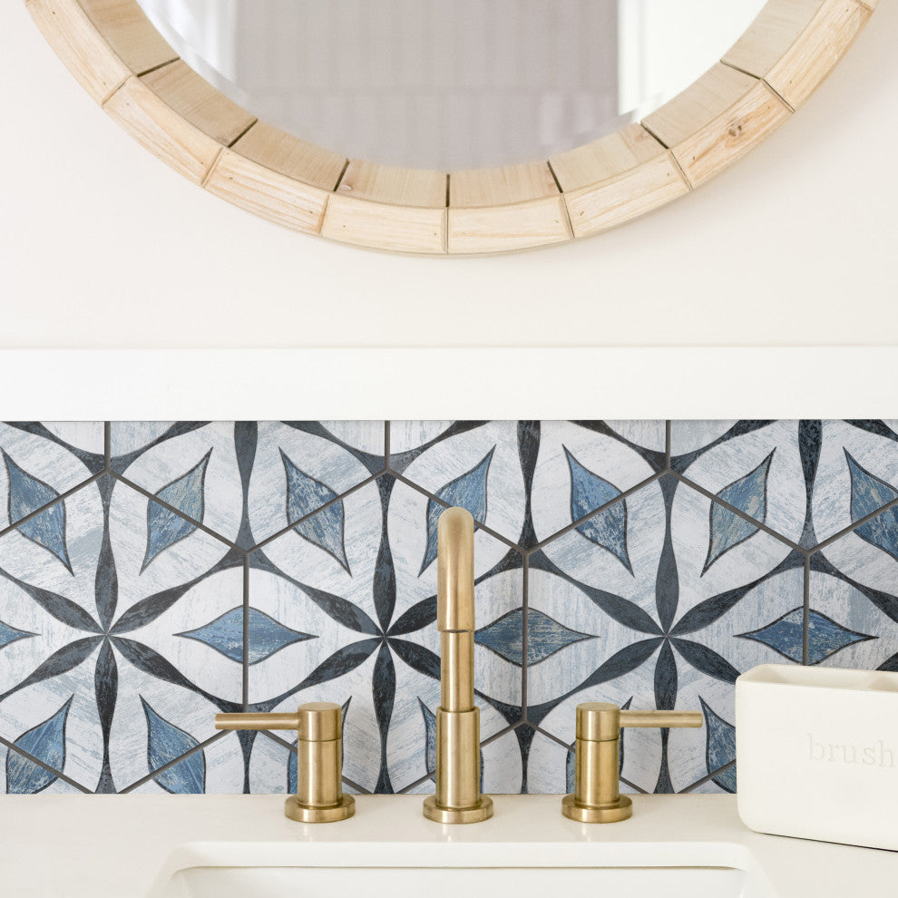 Cassis Hex Flower Black Porcelain Floor and Wall Tile