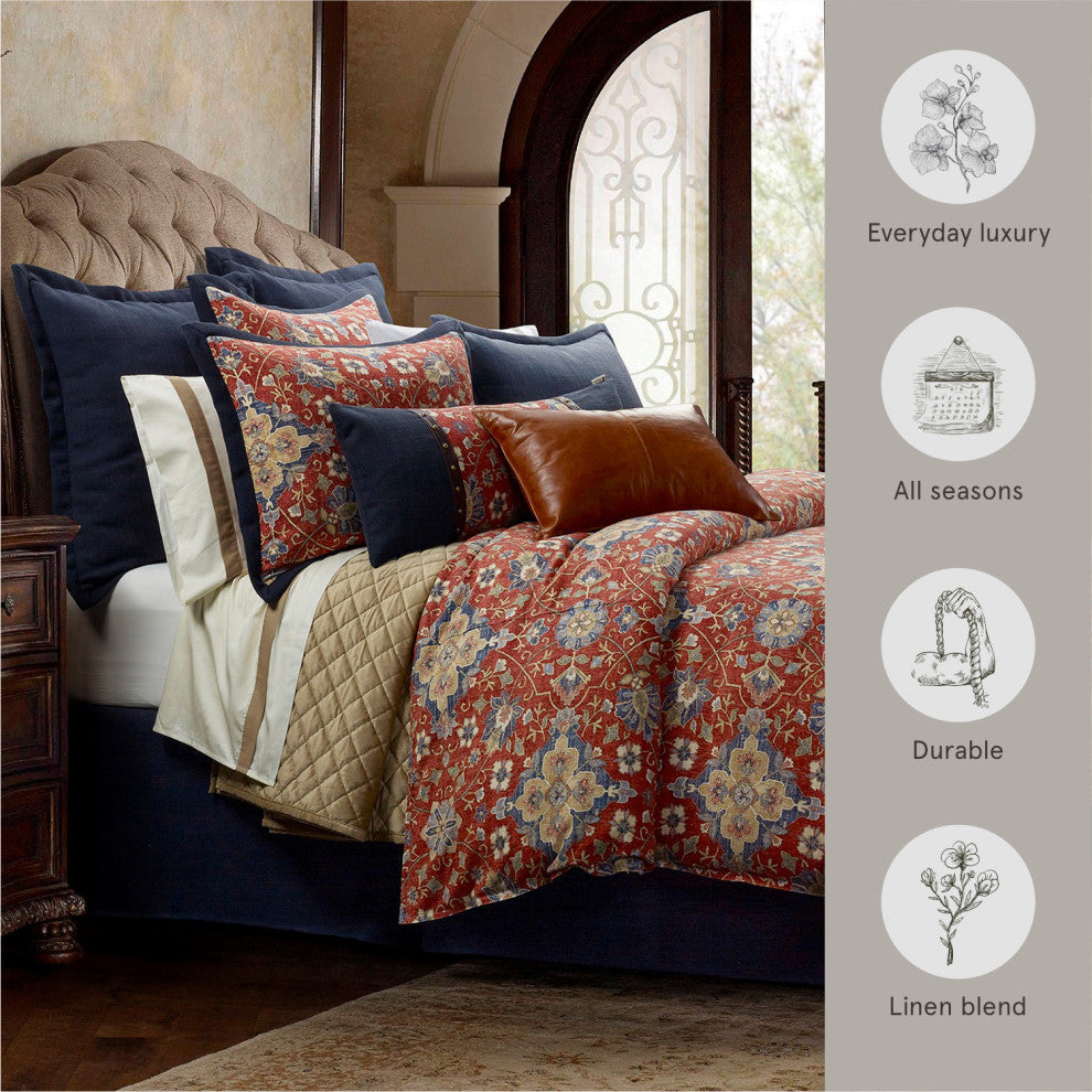 Melinda Washed Linen Vintage Floral Medallion Comforter Set, 3 PC, Super Queen
