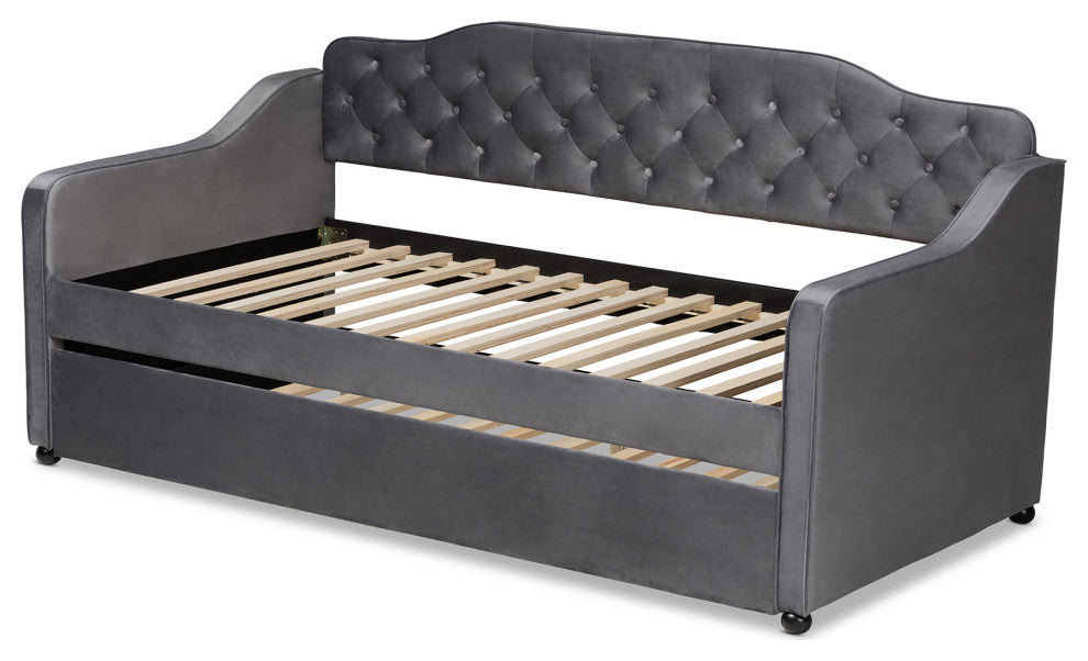 Hadgeon Gray Velvet Twin Daybed With Trundle