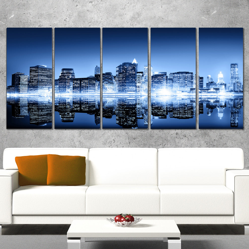 "Night New York City Mirrored" Cityscape Artwork Canvas, 5 Panels, 60"x28"