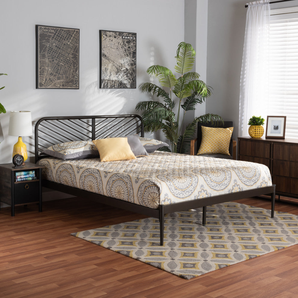 Berrien Modern Farmhouse Black Bronze Metal Platform Bed, Queen