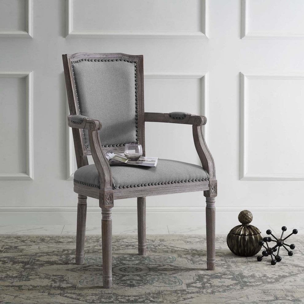 Light Gray Penchant Vintage French Upholstered Fabric Dining Armchair