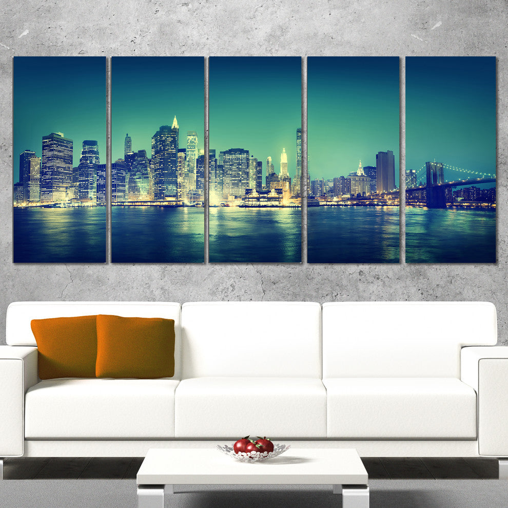 "New York City" Panorama Night Concept Cityscape Canvas Print60"x28", 5-Panels