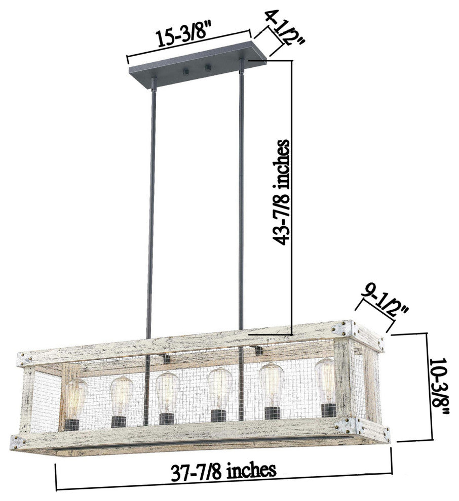 Rustic Wood In White Wash Color And Iron Net 6-Light Pendant, No Bulbs