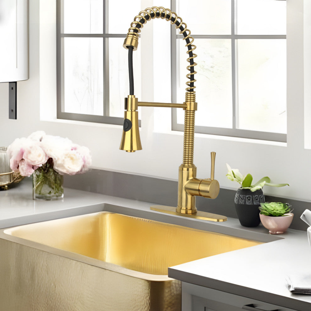 Copper Pre-Rinse Spring Pull Down Kitchen Faucet With Deck Plate Brushed Gold