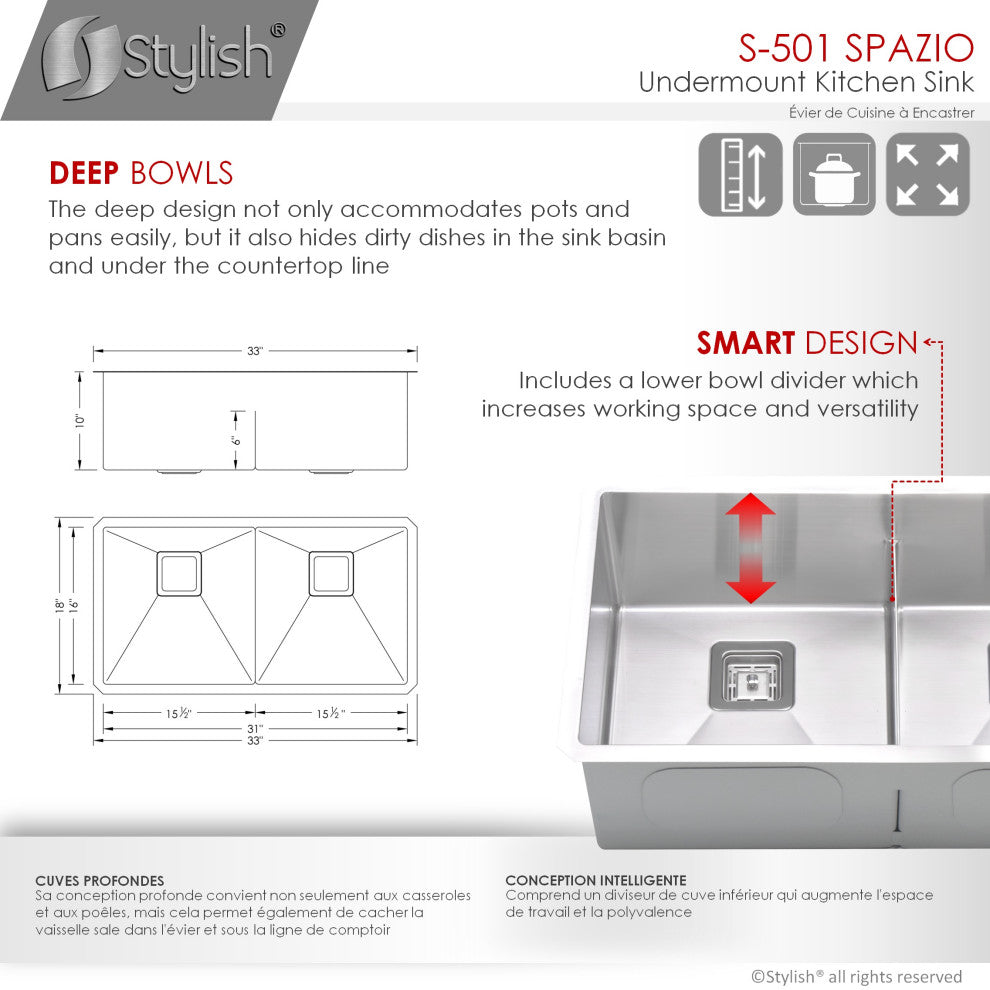 33"x18" Stainless Steel Double Basin Undermount Kitchen Sink