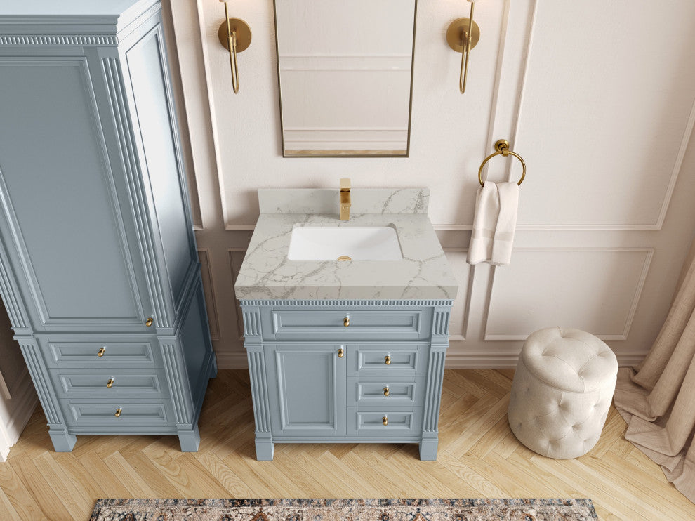 Paris 30" Single Sink Bathroom Vanity, Blue Heather 2" Venatino Quartz