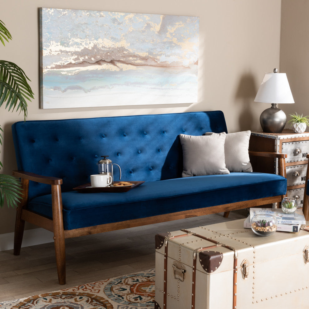 Sorrento Navy Blue Velvet Fabric Walnut Wooden 3-Seater Sofa