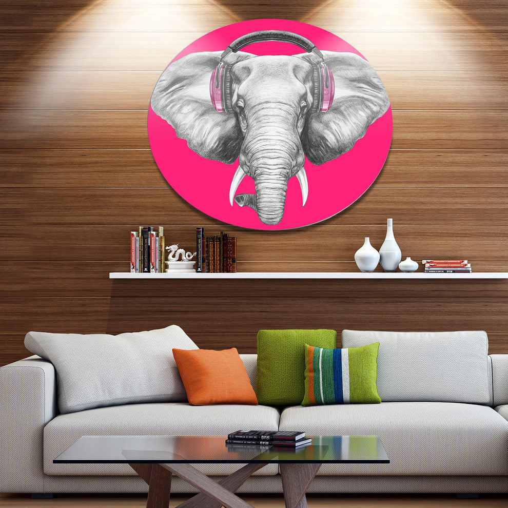 Elephant With Headphones, Animal Art Large Disc Metal Wall Art, 11"