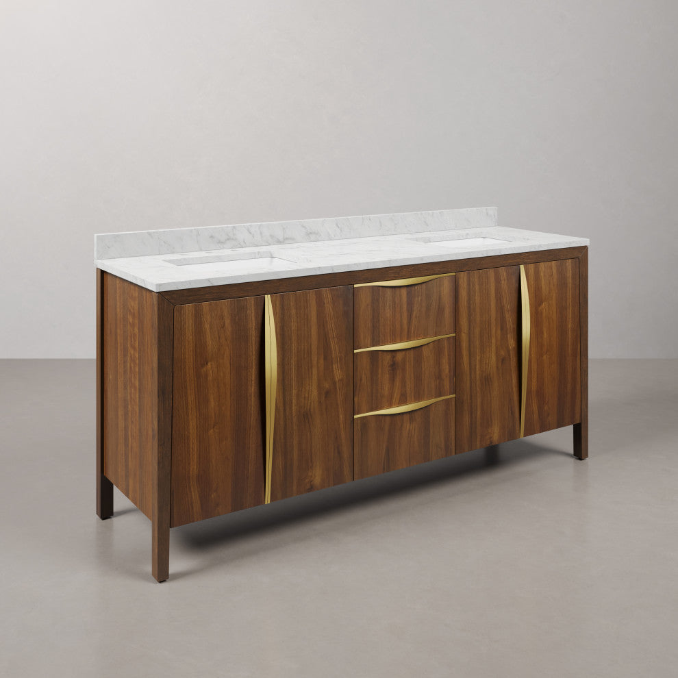 Ferrero Marble Top Bath Vanity, Nori Juglans, 72, Double Sink, No Faucet