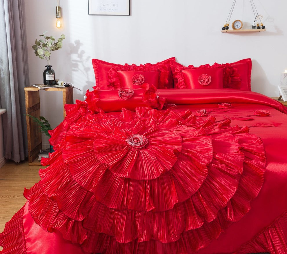 Red Rose Satin Ruffle Floral Romantic Victorian Comforter Bedding Set, King