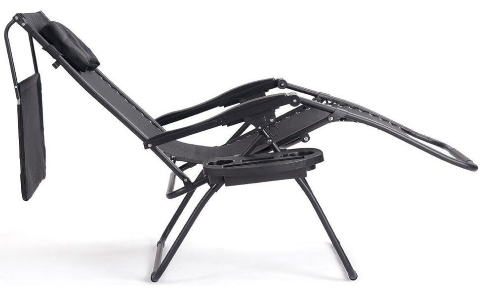 Folding Recliner Lounge Chair With Shade Canopy Cup Holder, Black