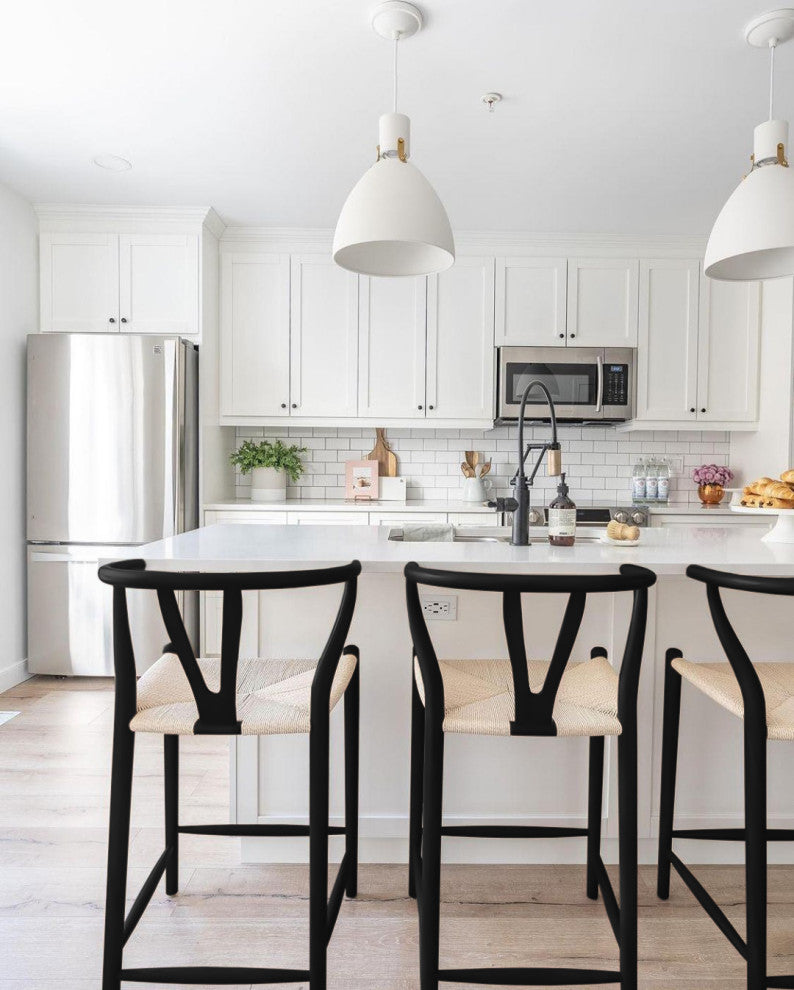 Wishbone Solid Wood Counter Height Bar Stool Y Open Back Weave Seat, Black