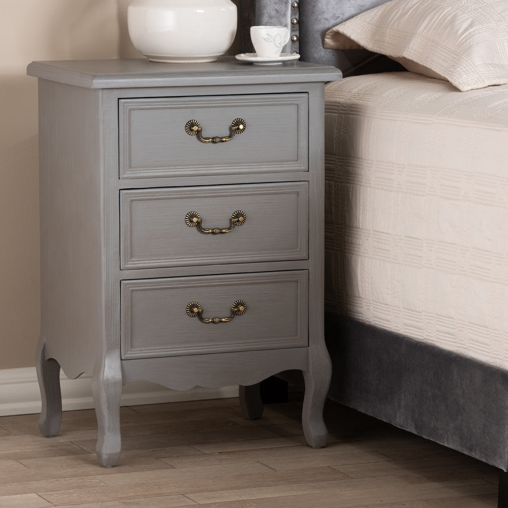 Bruno Country Wood 3-Drawer Nightstand, Cottage Gray