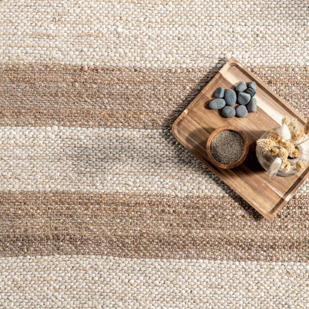 Nuloom Jute and Denim Even Stripes Area Rug, Off White 7'6"x9'6"