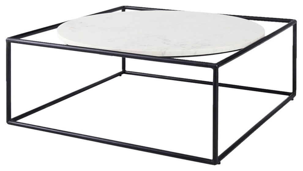 Austen 36Lx36Wx14H Round White Marble Top, Black Metal Frame Coffee Table