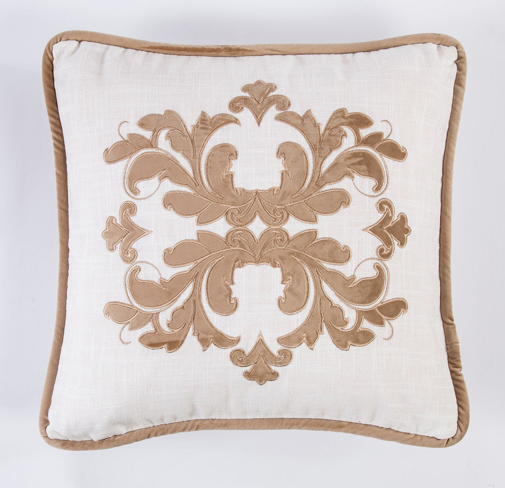 Square Linen Pillow With Velvet Embroidery, 18"x18", Oatmeal