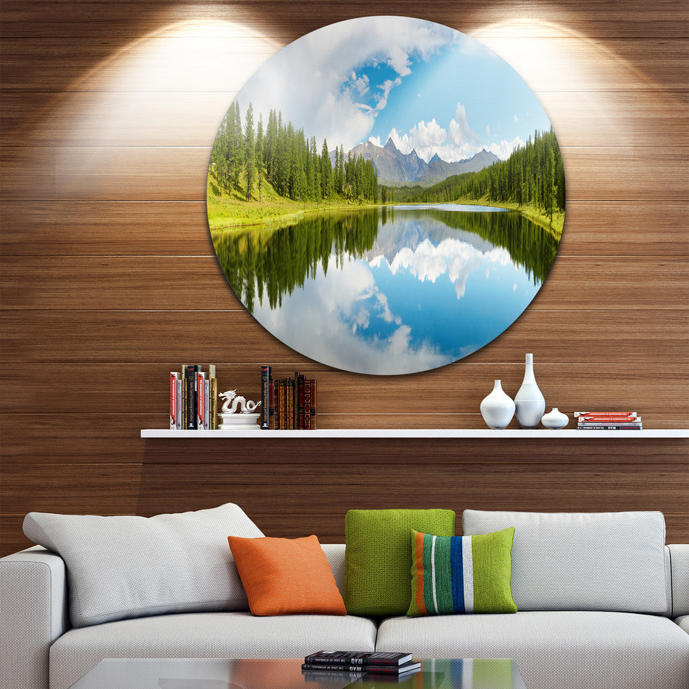 Bright Mountain Lake Panorama, Landscape Photo Round Metal Artwork, 38"