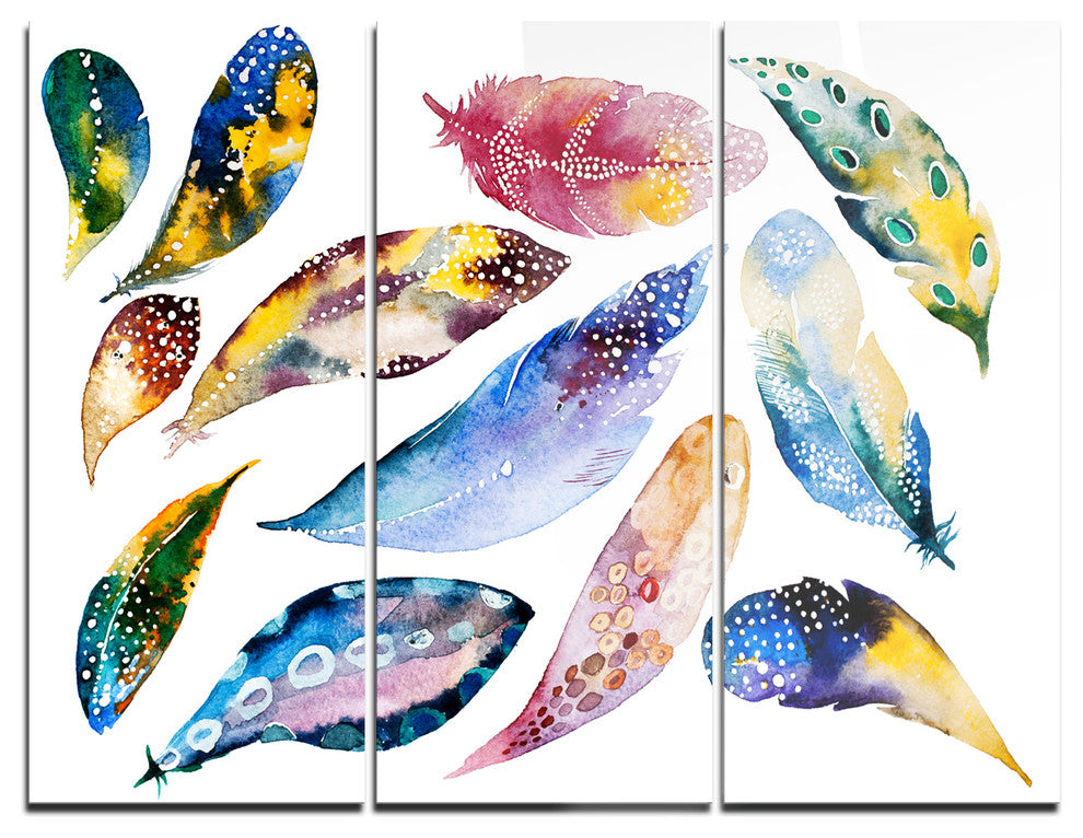 "Hand drawn Feather Set" Watercolor Metal Wall Art, 3 Panels, 36"x28"