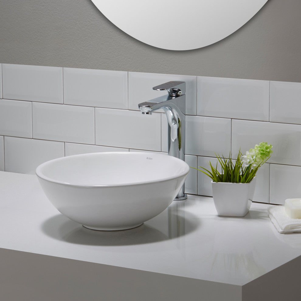 Elavo Ceramic Round Vessel White Sink, PU Drain Chrome