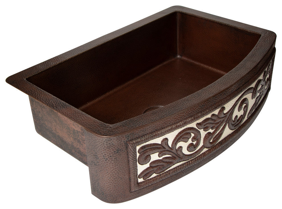 33" Farmhouse One Bowl Silver Round Apron Hammered Copper Kitchen Sink, 16 Gauge