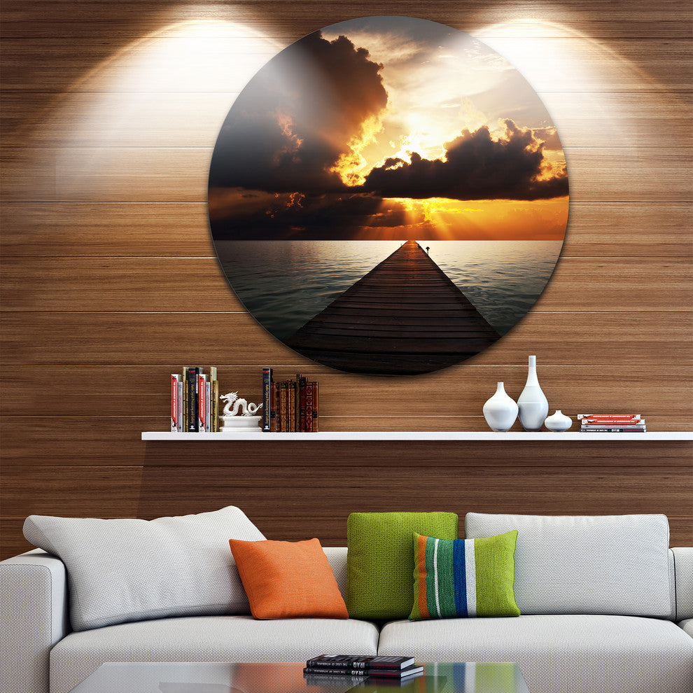 Indefinite Wooden Pier To Gloomy Sea, Sea Bridge Disc Metal Art, 11"